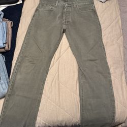 32 by 30 Levi 501 Washed Olive Green Jeans