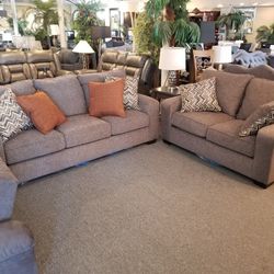 Brand New Gray Or Biege Fabric Simmons Upholstery Sofa + Loveseat 2PCs Set