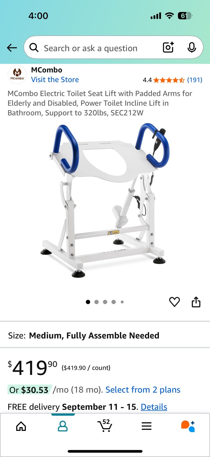 MCombo Electric Toilet Seat Lift Riser with Padded Arms.