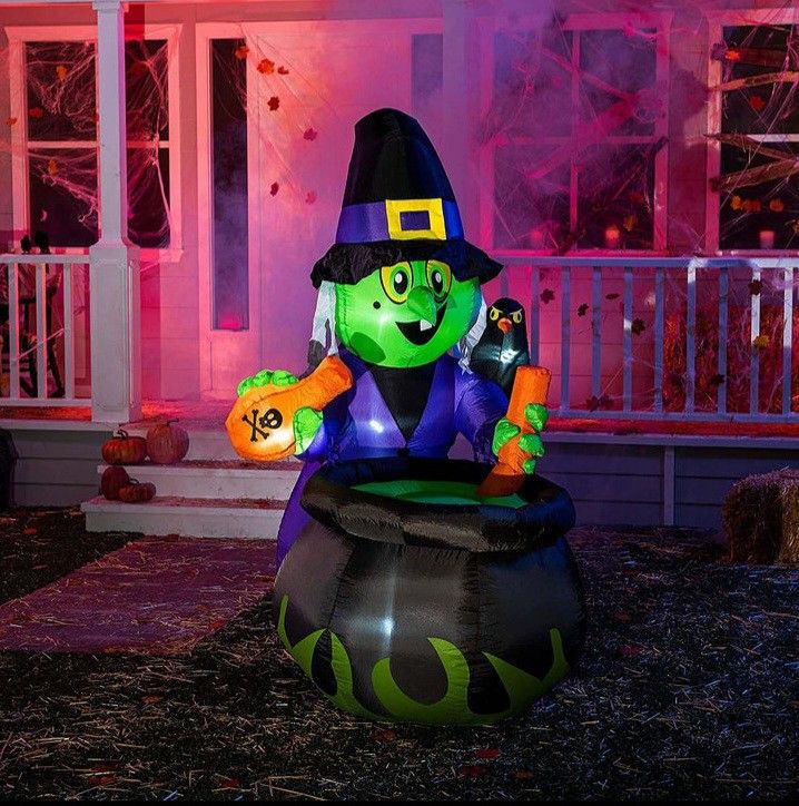 New 6ft Tall X 5ft Wide Halloween Witch With Cauldron Outdoor Yard Inflatable With Led Lights