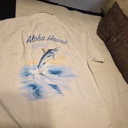 Tommy Bahama Beige Shirt 100% Silk Embroidered Aloha Hawaii Sword Fish Size S/P