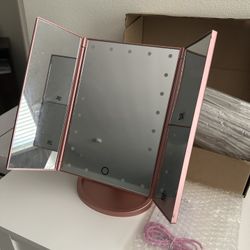 Three Sides Table LED Rechargeable Mirror Magnification Makeup Cosmetic Vanity Rose Gold Pink 