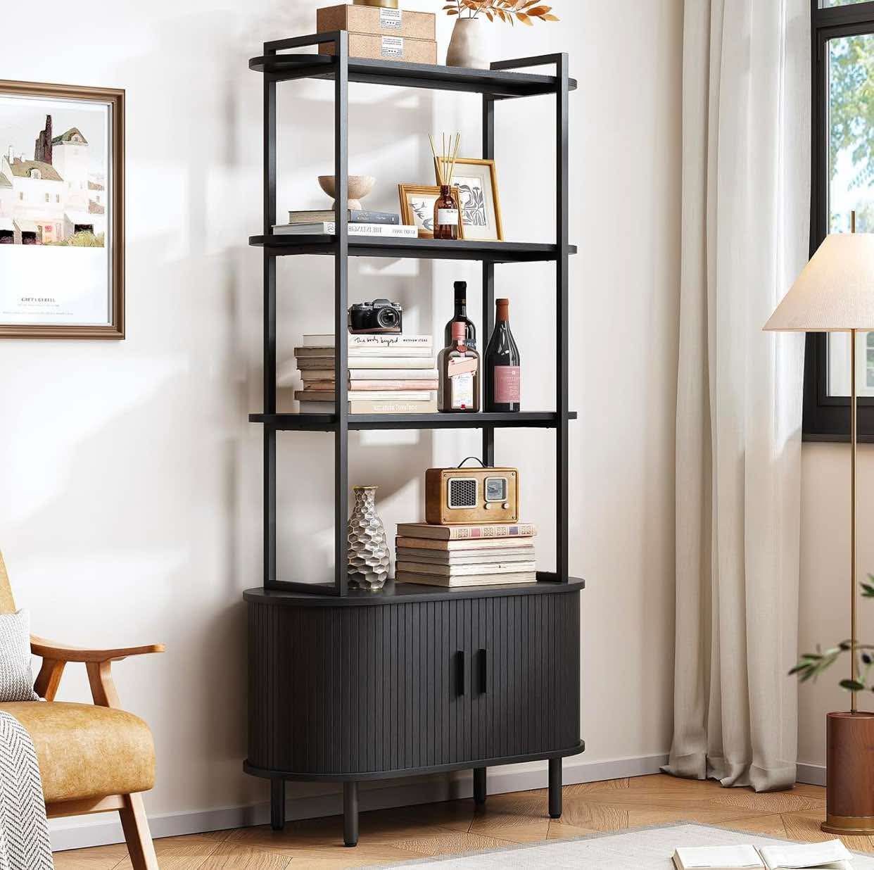 71" Tall Bookshelf, 4-Tier Book Shelf with Storage Cabinet, Modern Bookcase with Sliding Door and Adjustable Footpad, Freestanding Storage Organizer B
