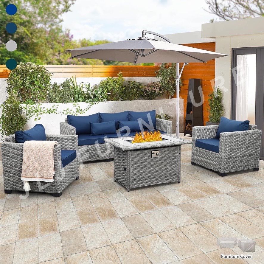 NEW🔥Outdoor Patio Furniture HDPE WICKER Grey Sapphire Blue 4" Non Slip Cushions and Firepit ASSEMBLED