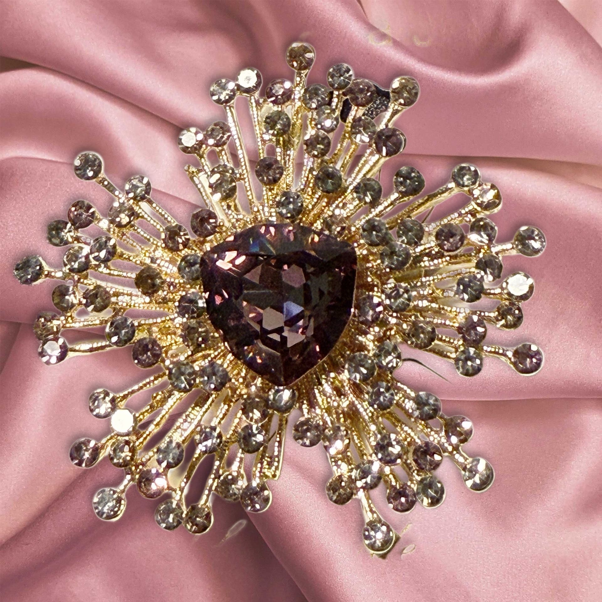 JJ Fantasia 2000s Gold Purple Rhinestone Burst Brooch, NWT, 3x2.25”