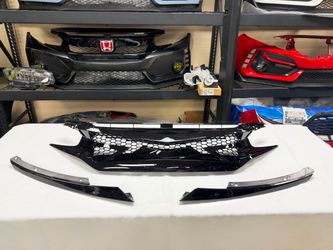 Fits 16-21 Honda Civic 10th Gen Gloss Black Front Bumper Hood Grille W/ Eyebrows transforme style