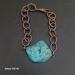 Vtg.Unique Solid Copper  Turquoise & BRASS  Links Bracelet - 8 In.