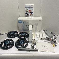 Nintendo Wii Console Mario Kart Game Bundle with Controllers & Wheels Box Tested