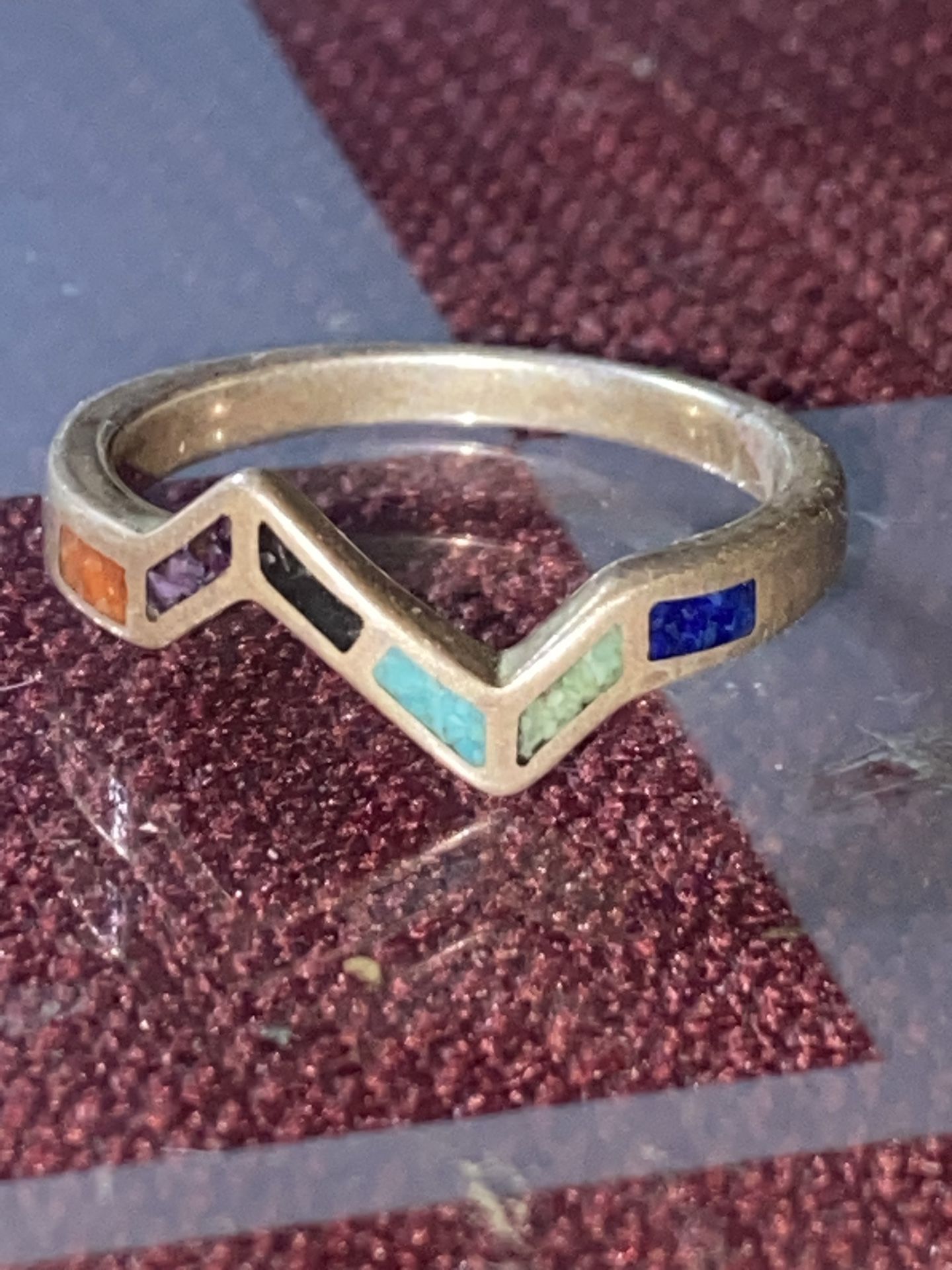 Very nice Navajo different colors of turquoise inlay sterling silver size 7 ring