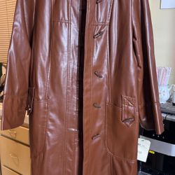 Excelled Leather Brown Long Coat with Button Closure 1970s