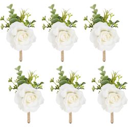 Meldel Ivory Rose Boutonniere for Men,Set of 6,Groom/ wedding party w Artificial flowrer 