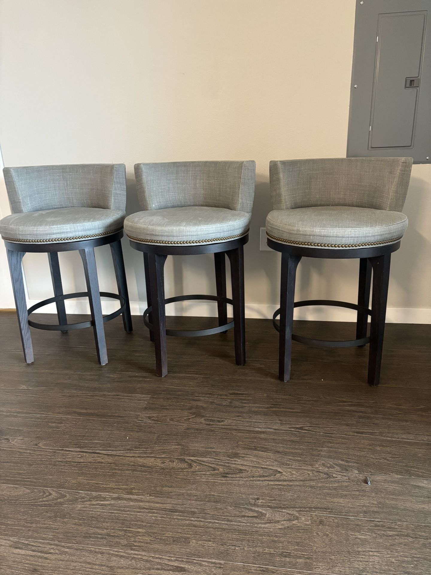 High-End LEE Upholstered Swivel Bar Stools – Set of 3 (Like New!)