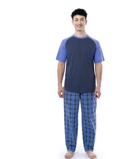 Fruit of the Loom Men's Raglan Short Sleeve T-shirt and Plaid Pajama Sleep Pant Set, Sizes S-2XL
