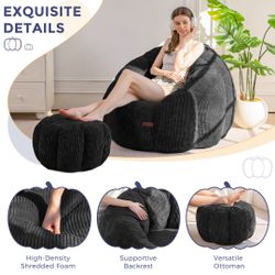 Giant Bean Bag Chair with Ottoman, Pumpkin-Shaped Bean Bag Sofa with Footstool, Oversized Boneless Couch Chair in a Box, Comfy and Lazy Lounge for Dor