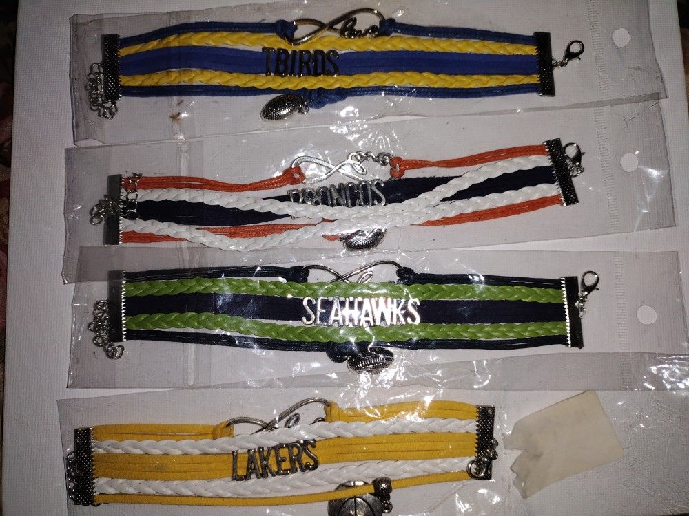 Leather And tibetan Silver Bracelets BRONCOS ..LAKERS ..SEA HAWKS ..T BIRDS