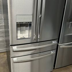 NEW OPEN BOX GE SMART FOUR DOOR STAINLESS STEEL REFRIGERATOR 