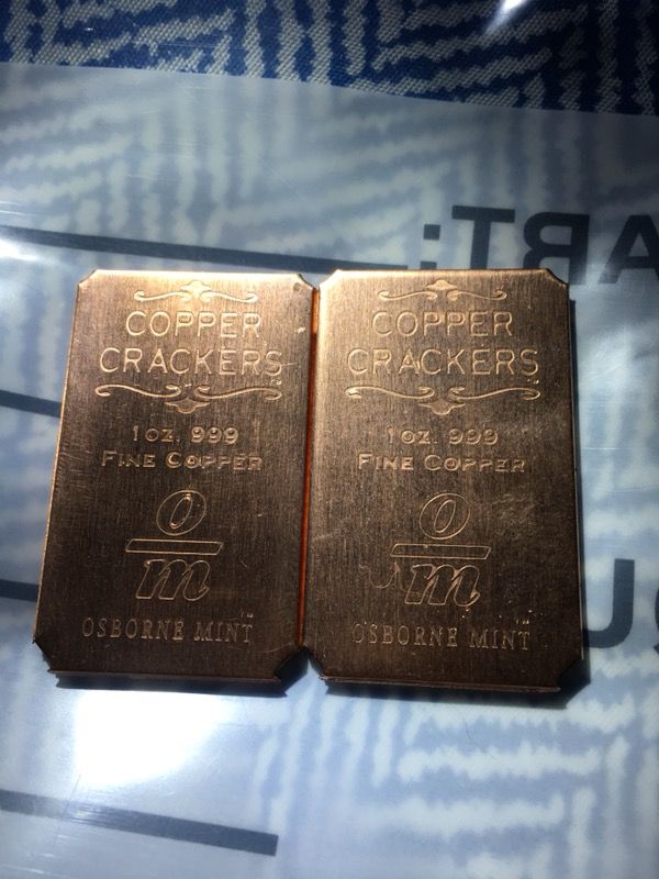 2 oz. copper crackers 1 oz each .999 fine copper Osborne Mint.
