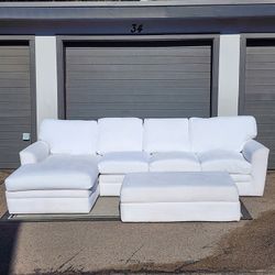 Living Spaces White Sectional Couch with Ottoman