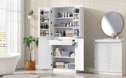 K&K 72 Tall Farmhouse Kitchen Pantry Cabinet with 8 Door Shelves, Curved Design Storage Cabinet with 3 Adjustable Shelves, Hidden Drawer, Versatile Cu
