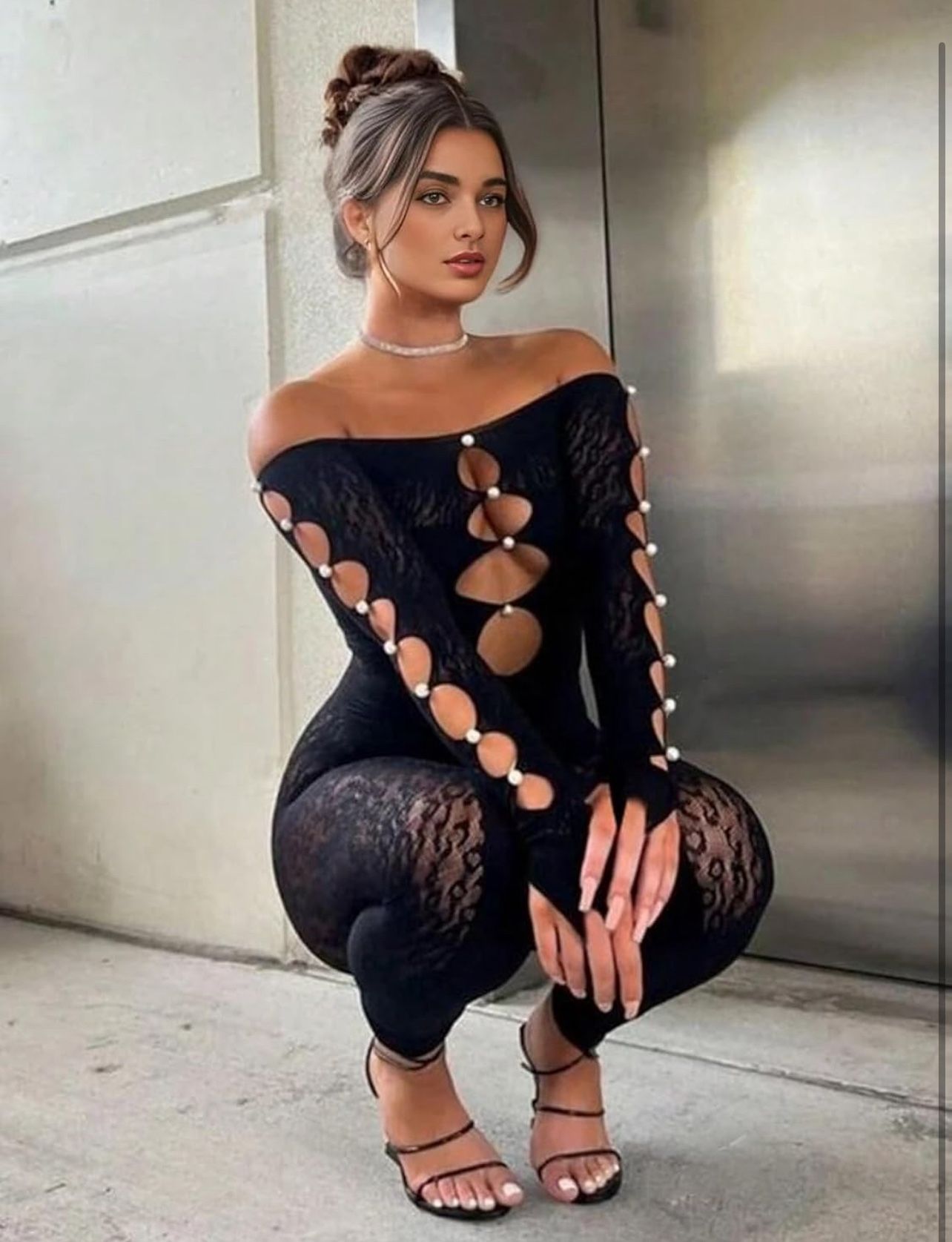 Women sexy Lingerie see through mesh jumpsuit fishnet low-cut long-sleeved bodysuit bodystockings cluboutfit