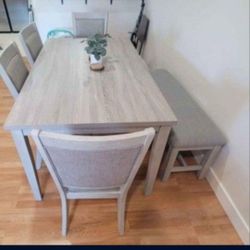 ✅️✅️ 6 pc light finish wood  dining table set padded seat chairs and bench ✅️✅️