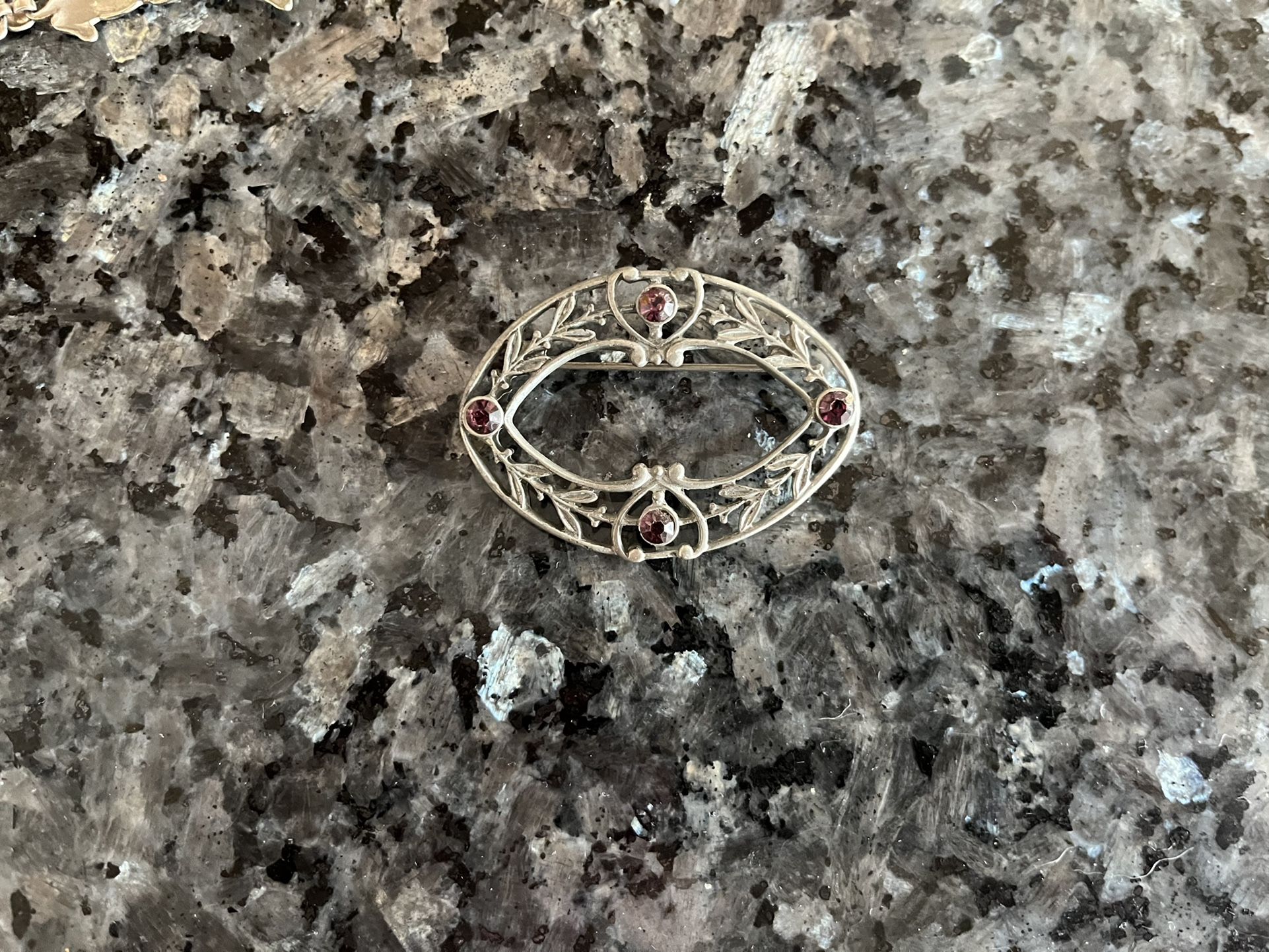 Vintage Pewter Brooch With Purple Rhinestones