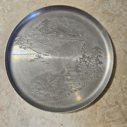 Vintage Aluminum Round Serving Tray  Etched Asian Landscape Design