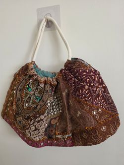 Boho Patchwork Embroidered Shoulder Bag – Handmade Style with Mirror & Bead Details
