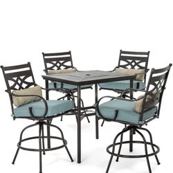 Hanover Montclair 5-Piece Steel Outdoor Bar Height Dining Set with Ocean Blue Cushions, Swivel Chairs and a 33 in. Dining Table