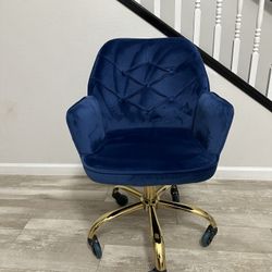 Blue Suede Vanity Office Desk Vanity Adjustable Height Chair With Gold Legs