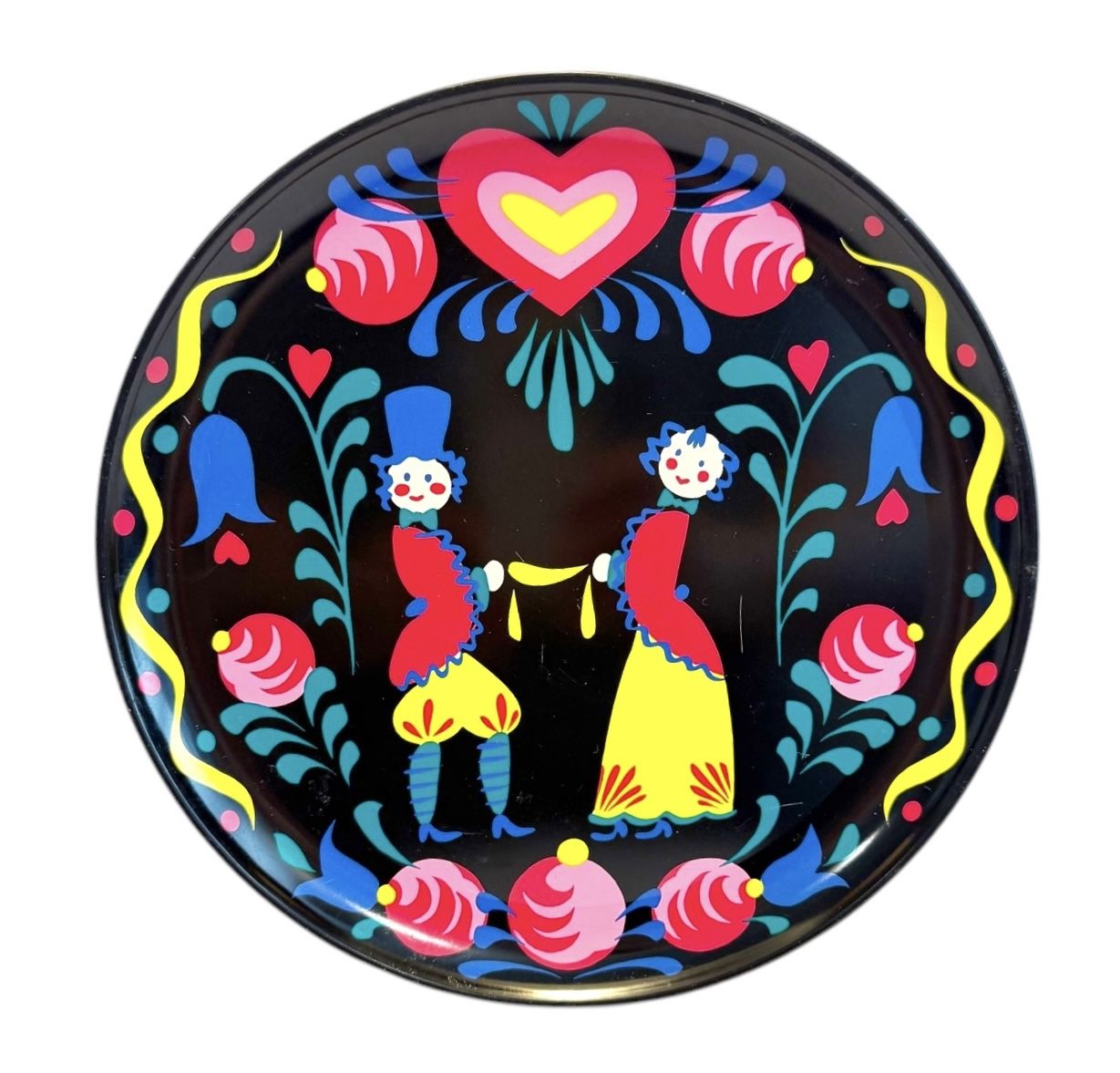 VTG MCM Penn Dutch Marriage Anniversary Folk Art Hand Painted Metal Plate Decor