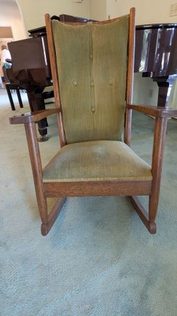 Vintage Handmade Wooden Rocking Chair – Upholstered High Back