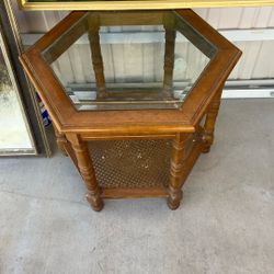 Vintage Glass, Inlay, And Wicker Coffee Table