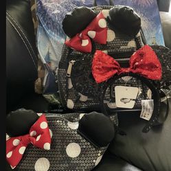Disney Parks Black Sequin Polka Dot Mini Backpack, Disney Parks Loungefly Sequin waist bag Fanny Pack Minnie With Ears Polka Dot and Disney Parks Ear 