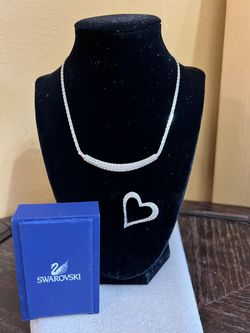 Swarovski Crystal Pave Silver Tone Choker Necklace And Brooch Heart Pin