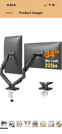 Dual Monitor Stand for 17-34 Inch Computer Screens Gas Spring Full Motion Dual Arms, Each Holds 22lbs, Fits 75/100mm VESA Mount