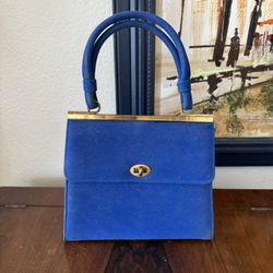 Vintage 1950’s Bright Blue Handbag - Gold Accents - Locks - Blue Suede