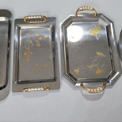 Lot of vntg serving trays. Sketched floral unique handles Gaiorinox ORO 24 K Gold. Steel? 