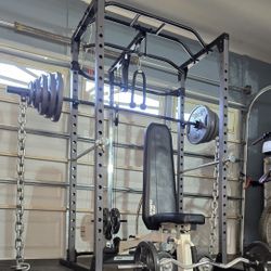 《FREE LOCAL DELIVERY》SQUAT RACK + ADJUSTABLE BENCH + OLYMPIC PLATES + BARBELL + EZ CURL BARBELL + ADJUSTABLE DUMBBELLS 