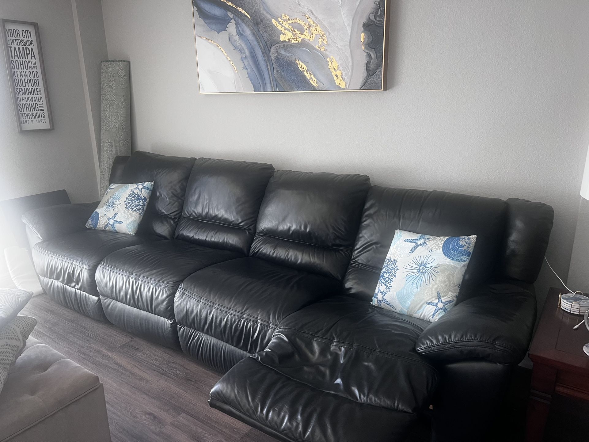 Genuine Black Leather 2 Piece Couch With Recliner 
