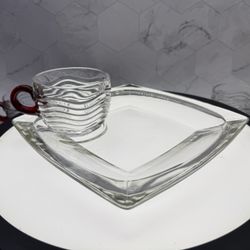 Vintage cup & plate. Duncan & Miller plate Caribbean punch cup in clear glass with a red handle & vintage Hazel Atlas clear glass square luncheon snac