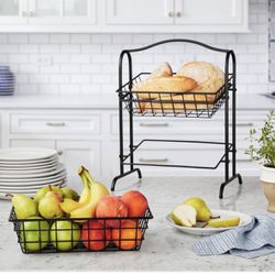 Two Tier Fruit Basket Stand Removable Portable Black Sturdy 