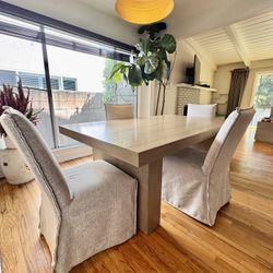 Custom Alder Wood Dining Table + 4 Crate & Barrel Slipcovered Chairs