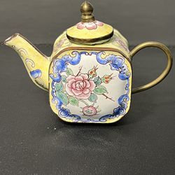 Chinemel 1990s B. Yee Miniature Teapot Copper & Painted Flowers, 3.75x3"