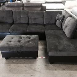 Grey Microfiber Sectional Couch And Ottoman