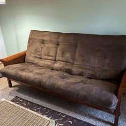Queen futon, polished wood frame & mattress 
