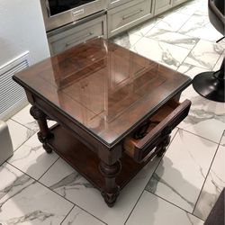 Solid Wooden end table with drawer and glass top