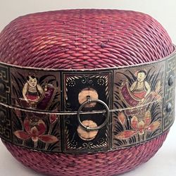 Large 1930s Chinese Wedding Basket – Hand Painted Lacquer Panels – 23½” Wide