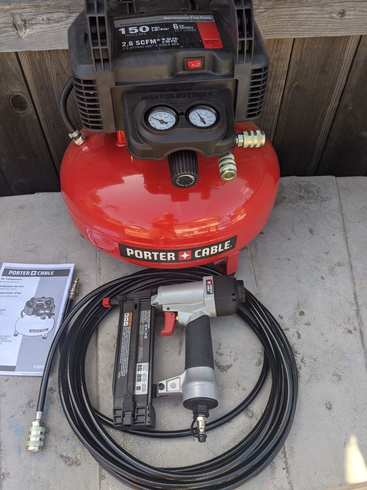Porter-Cable 6 gallon air compressor with 18 gauge nail gun kit and hose