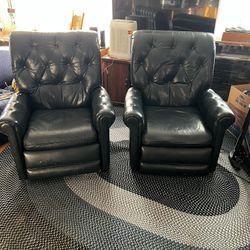 Pair of Vintage Genuine Leather Recliner Chairs - Indigo/Navy Blue (Matching Set)